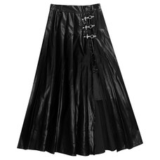 LISTEN FLAVOR Black Leather Fire Buckle Layered-Style Pleated Skirt